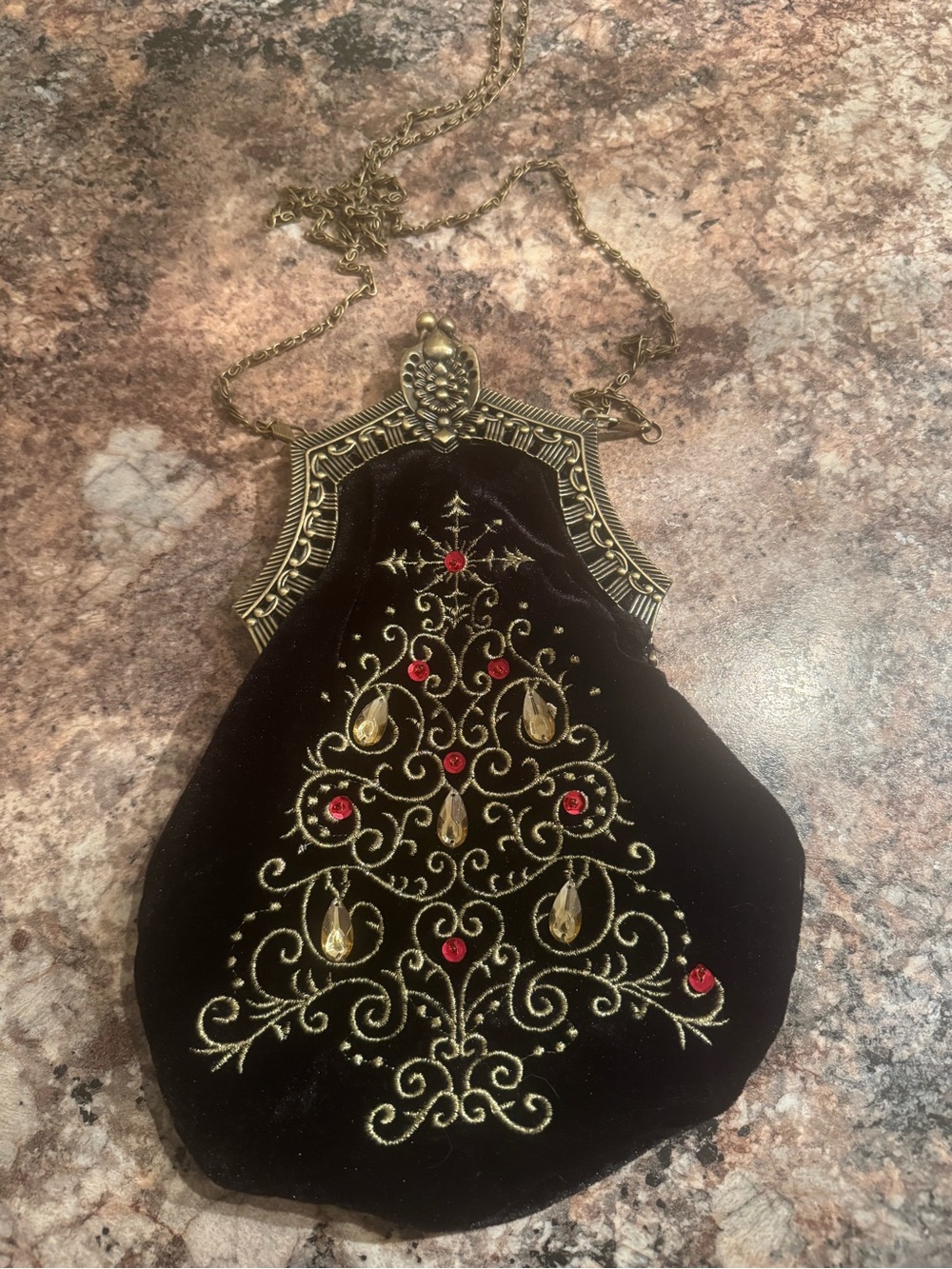 Vintage Black Velvet Gold Embroidered Christmas Tree Purse